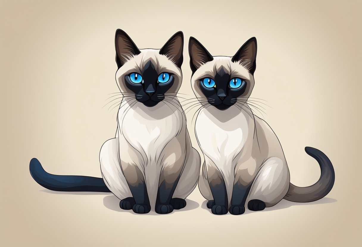 Two Siamese cats with striking blue eyes sitting side by side, their sleek fur and distinct markings on display