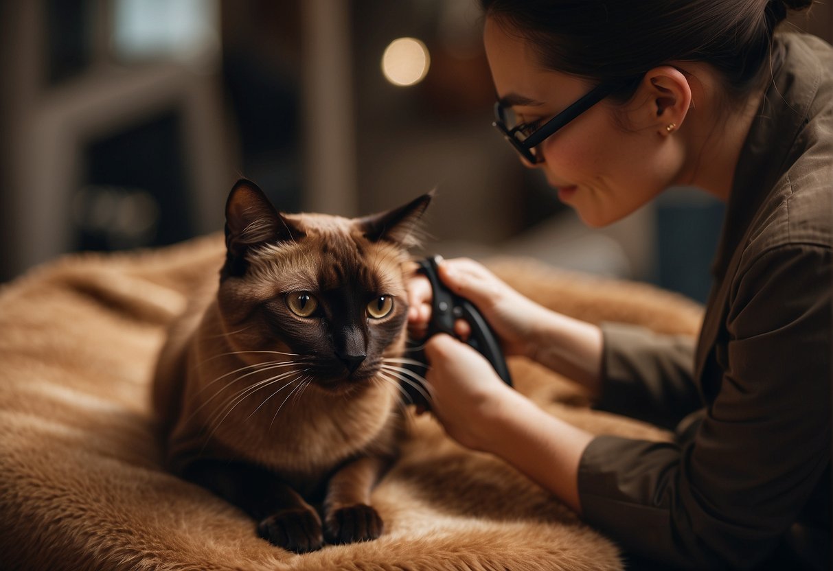 A brown Siamese cat being gently brushed and groomed by a caring hand