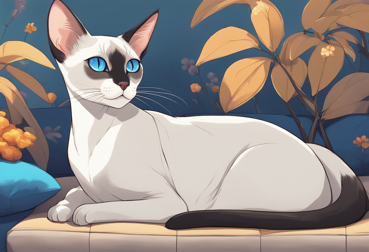 A Siamese cat lounges on a cozy cushion, sleek and elegant. Bright blue eyes gaze intently, while a long, slender body exudes grace and poise. A regal presence, with pointed ears and a distinctive coat pattern