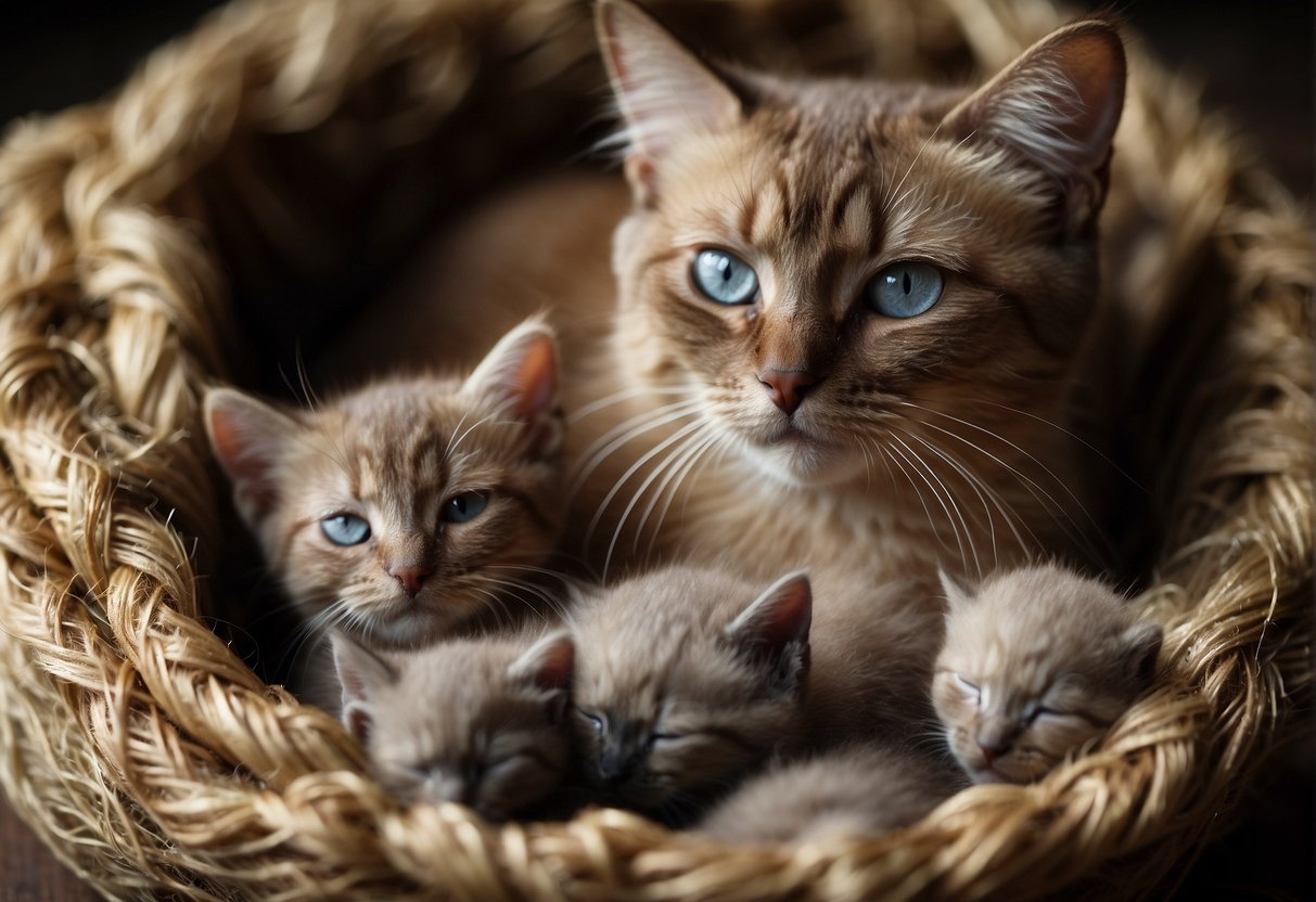A brown Siamese cat snuggles with her newborn kittens in a cozy nest, purring softly as she nuzzles and licks them clean