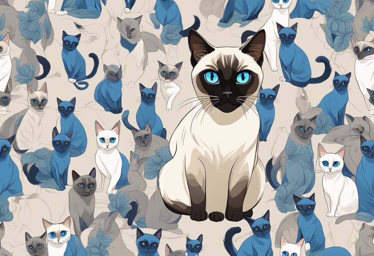 A Siamese cat with striking blue eyes stands proudly, surrounded by images of its regal ancestors. The cat's elegant posture and piercing gaze convey a sense of its prestigious breed history and legacy