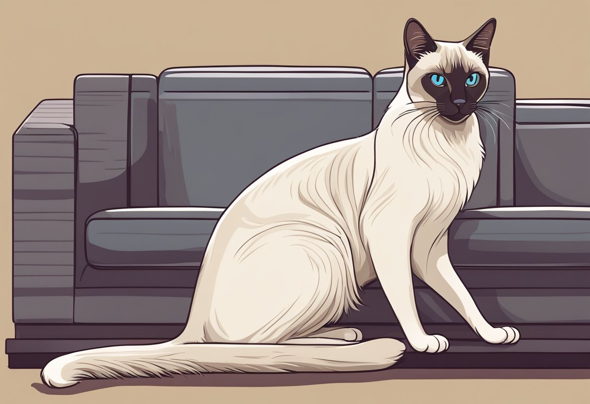 A Siamese cat sits on a couch, shedding fur. A brush and vacuum are nearby, indicating the need for grooming and cleaning