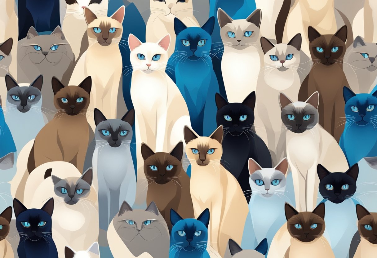 A Siamese cat with striking blue eyes sits regally, surrounded by other cats of varying colors and breeds. The Siamese's sleek, slender body and pointed ears stand out among the crowd