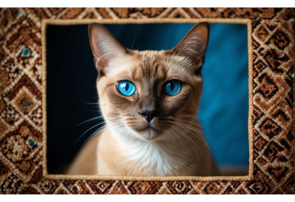 A sleek Cinnamon Siamese cat with striking blue eyes lounges on a plush velvet cushion, surrounded by warm, earthy tones and intricate patterns