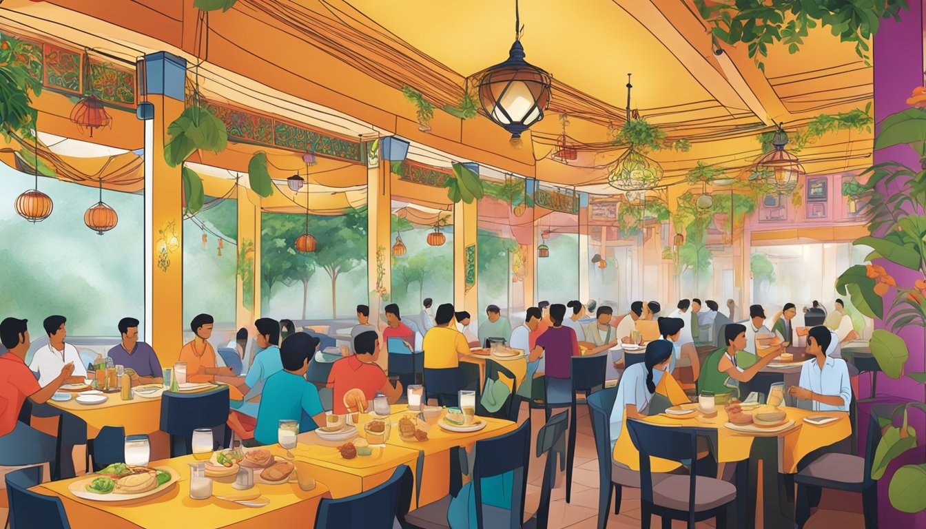 A bustling Delhi restaurant in Singapore, with colorful decor and aromatic spices filling the air