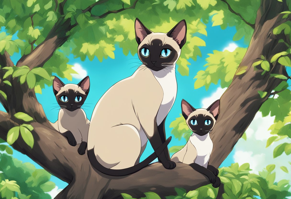 A Siamese cat family lounges in a tree, their sleek bodies intertwined. The parents watch over their kittens as they play and explore