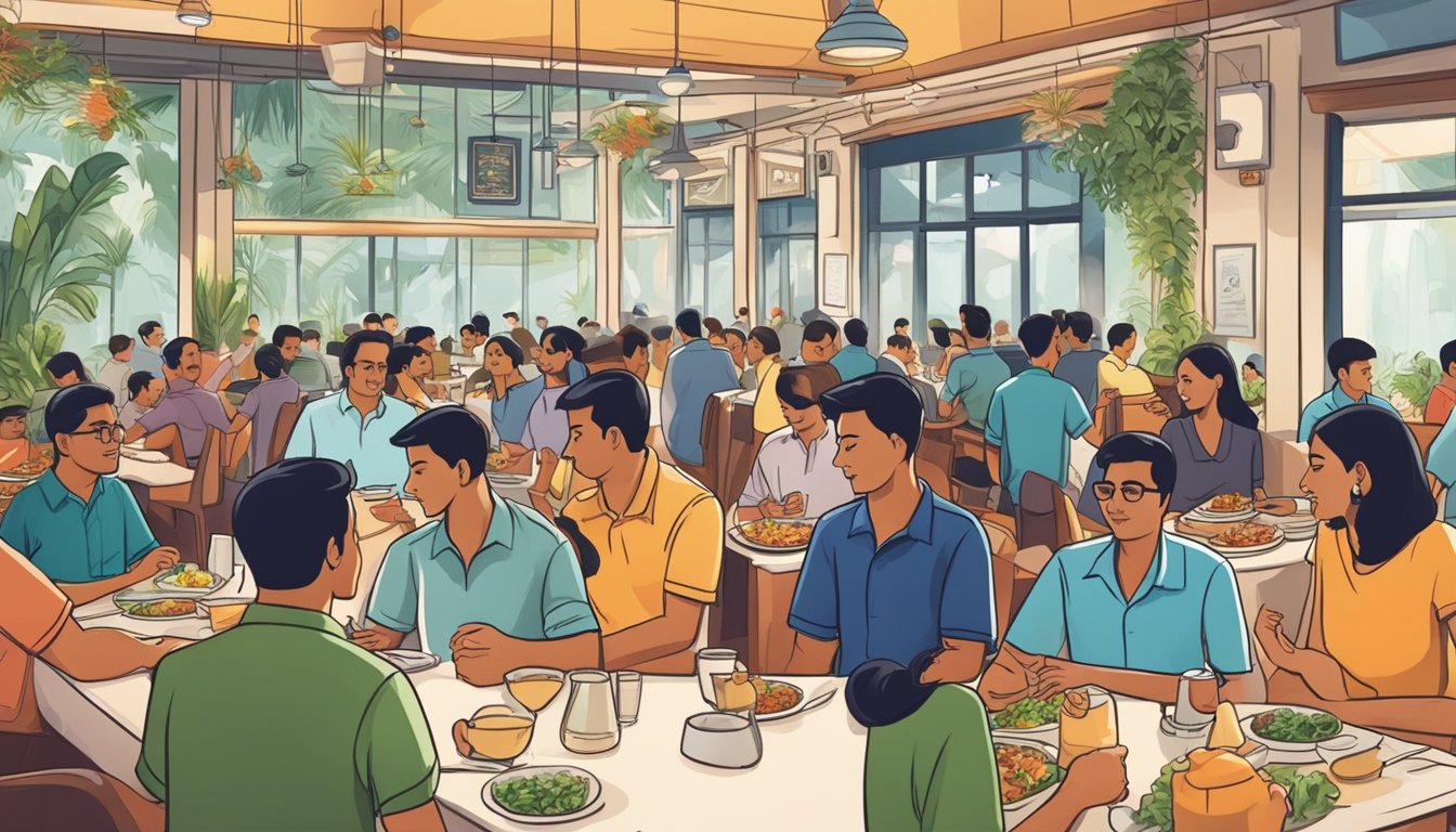 A crowded Delhi restaurant in Singapore, with diners enjoying their meals and attentive staff providing excellent customer service