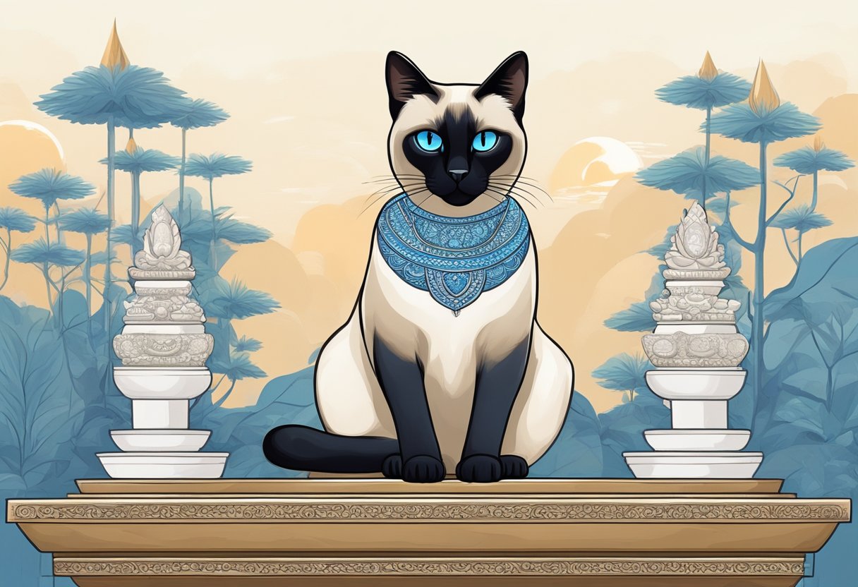 A Siamese cat sits on a pedestal, surrounded by traditional Thai artifacts. Its piercing blue eyes and sleek body exude elegance and cultural significance