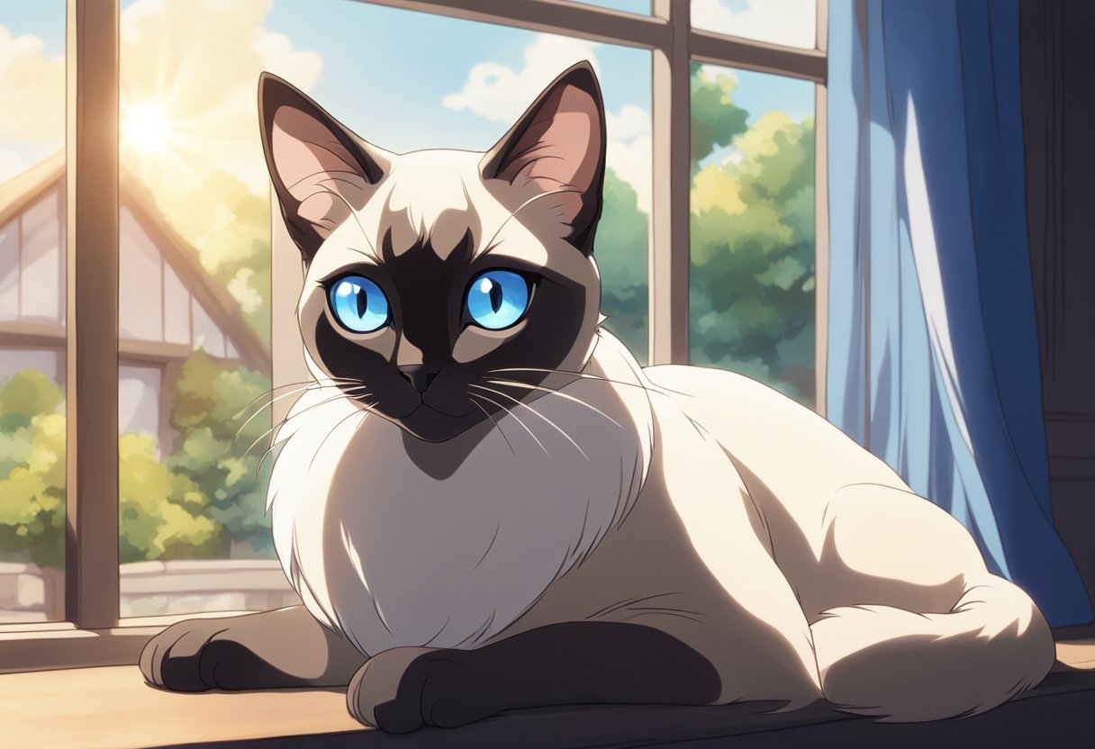A Siamese cat perched on a cozy window sill, with bright blue eyes and sleek fur. Sunlight streams in, casting a warm glow on the cat's elegant features