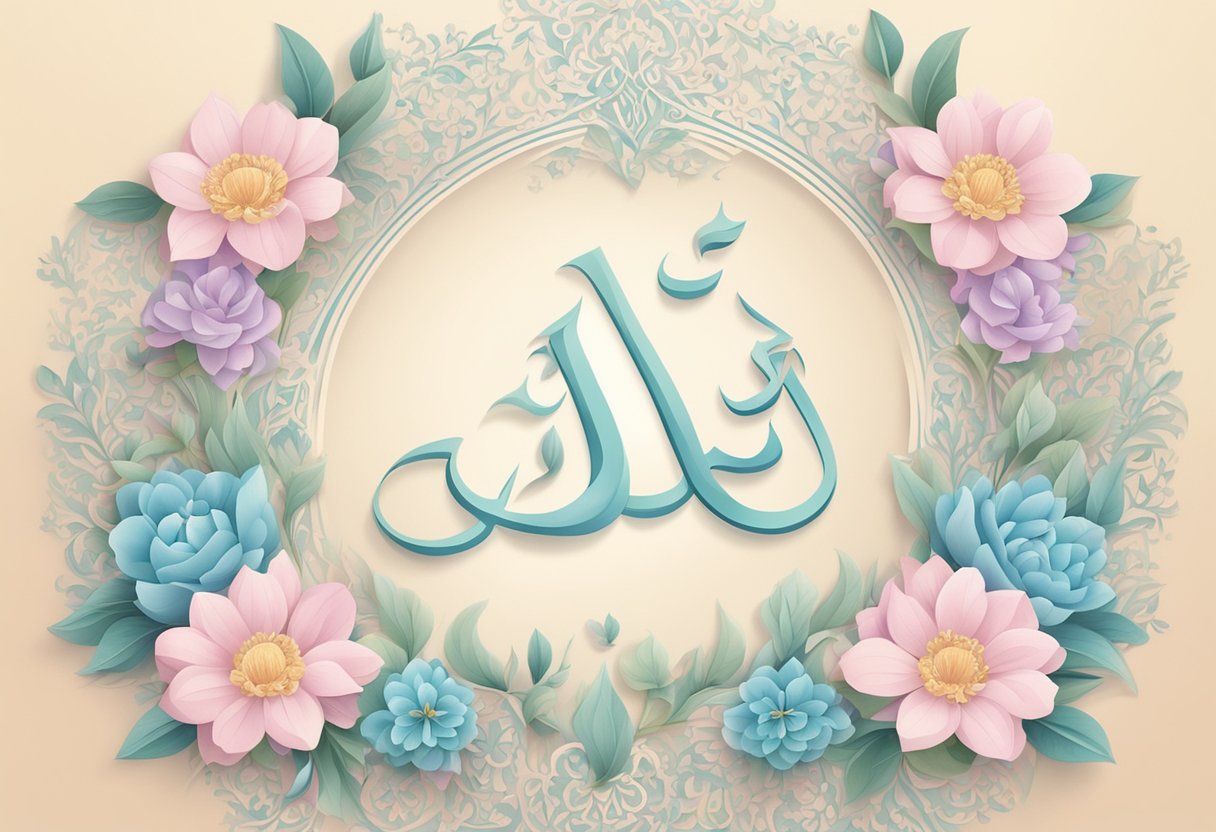 A baby's name, "Allah," written in elegant calligraphy, surrounded by soft pastel colors and delicate floral motifs