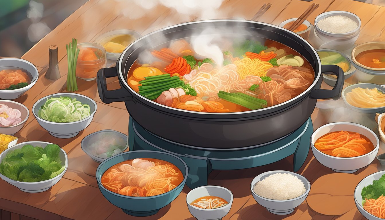 A steaming hot pot of kimchi jjigae sits on a wooden table, surrounded by colorful banchan dishes. Steam rises from the pot, filling the air with the savory aroma of Korean cuisine