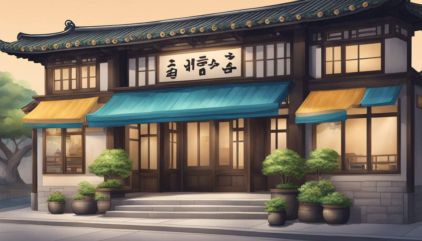 The exterior of Doong Ji Korean Restaurant, with traditional signage and a welcoming entrance