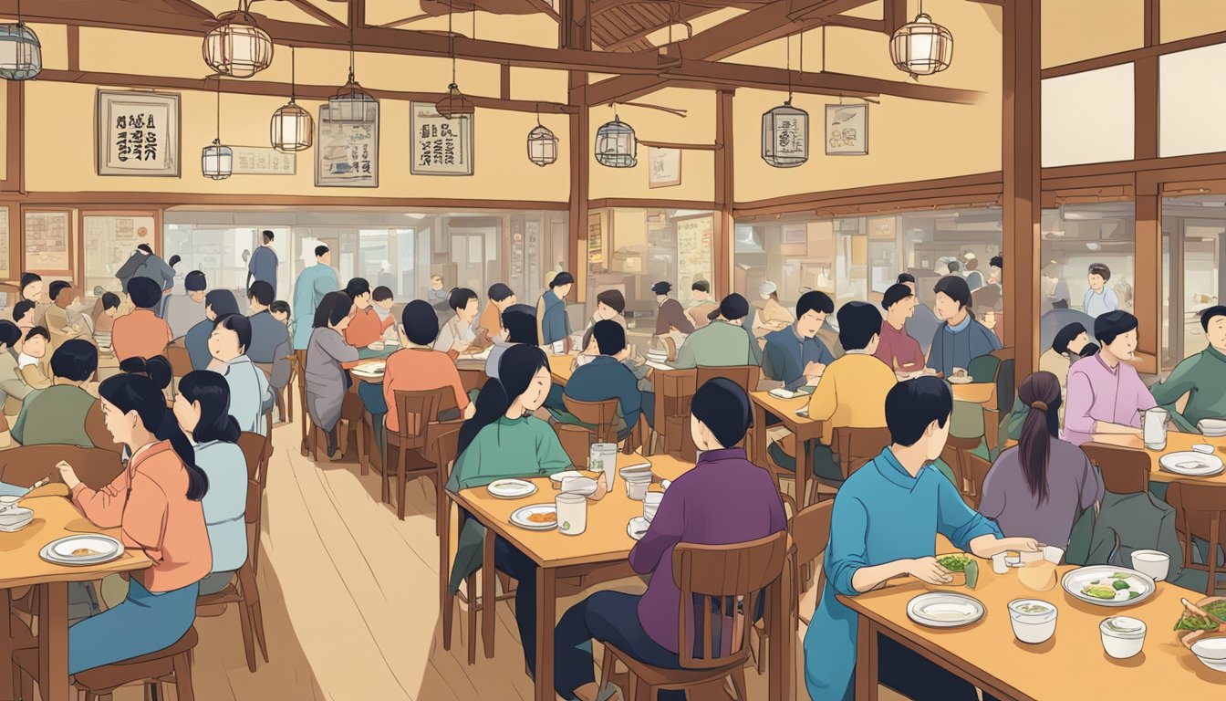 A bustling Korean restaurant with a sign "Frequently Asked Questions" and diners enjoying traditional dishes