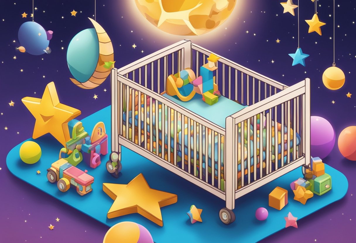 A crib with "Ali" written on it in colorful letters, surrounded by toys and a mobile with stars and moons