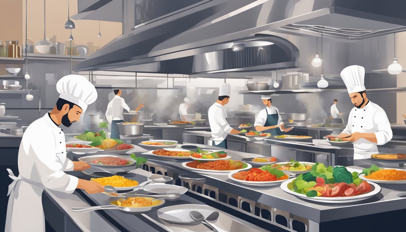 A bustling kitchen with chefs preparing colorful, aromatic dishes. Tables set with elegant plates and cutlery, ready to showcase the restaurant's culinary delights