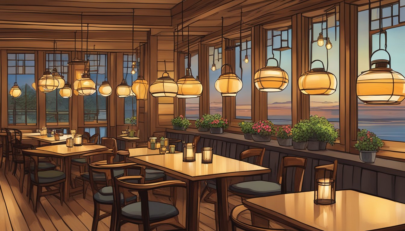 The warm glow of hanging lanterns illuminates the cozy interior of Kee restaurant, casting a soft, inviting ambiance over the rustic wooden tables and vibrant floral centerpieces. Patrons chat and laugh, enjoying the lively, convivial atmosphere