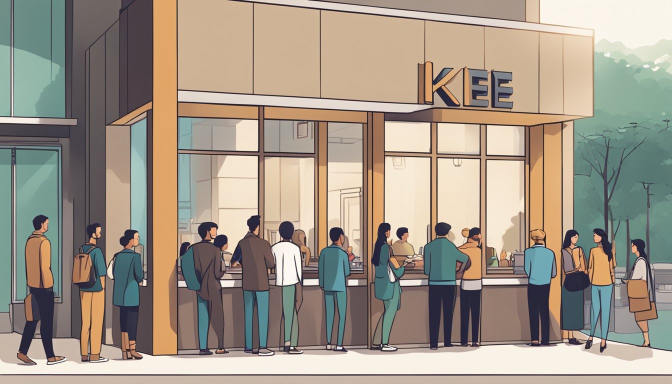 Customers lining up outside the modern restaurant, reading a sign that says "Frequently Asked Questions for kee restaurant." The building has a sleek, minimalist design with large windows and a welcoming atmosphere