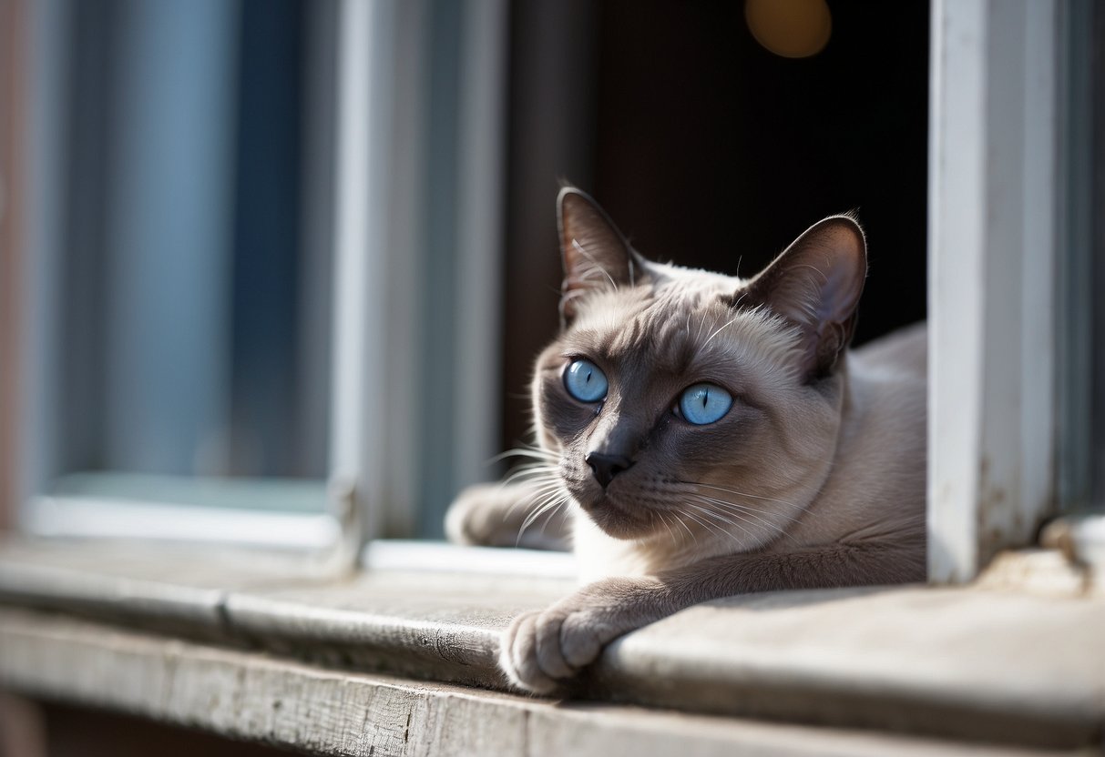A sleek, grey Siamese cat lounges on a windowsill, gazing out at the world with piercing blue eyes