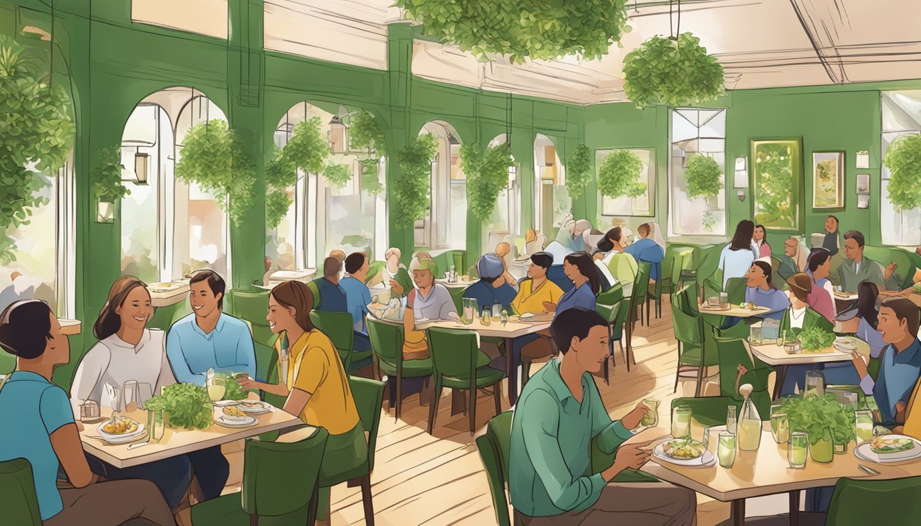 A bustling restaurant with green decor, filled with diners enjoying their meals and lively conversation