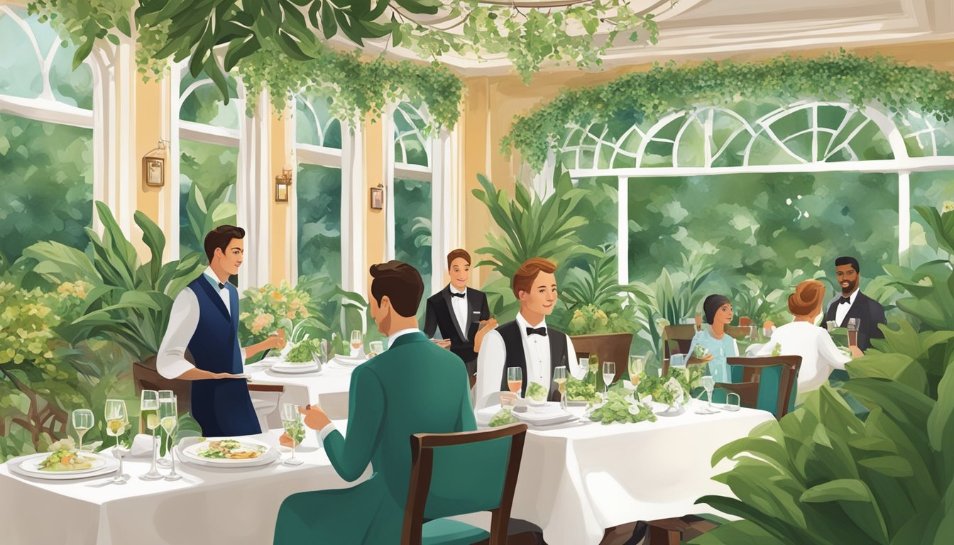 Customers dining at Greenes Restaurant, surrounded by lush greenery and elegant decor. A waiter serves a beautifully plated dish