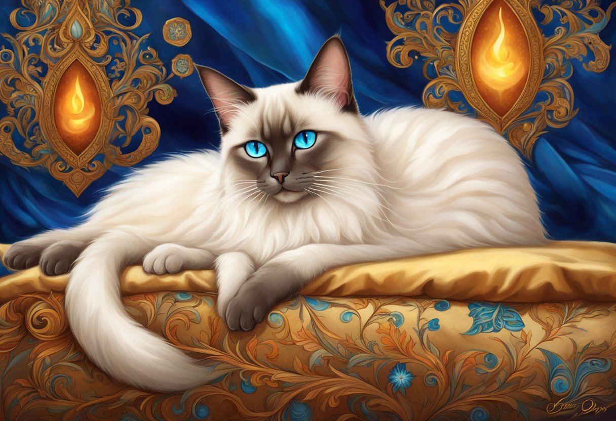 A fluffy Siamese cat with blue eyes sits gracefully on a silk pillow, surrounded by ornate Thai decor
