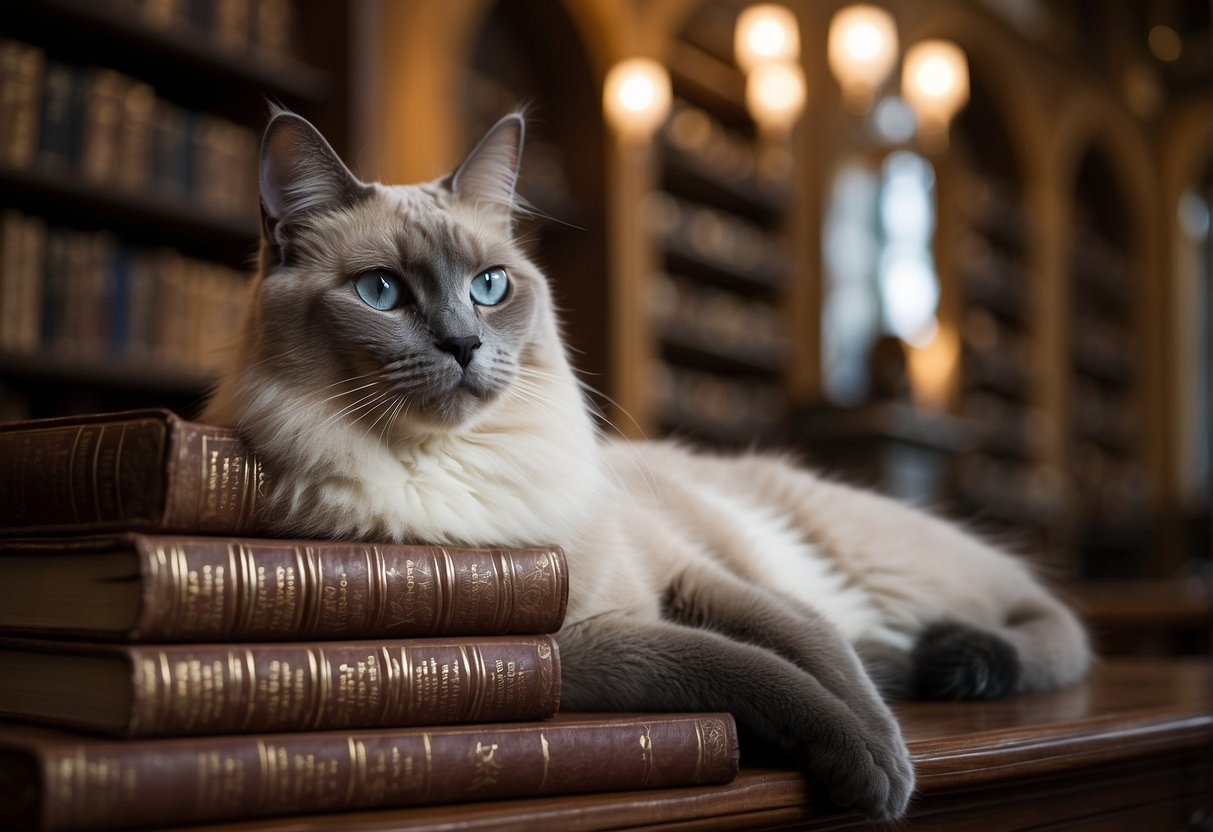 A regal grey Siamese cat lounges in a grand library, surrounded by shelves of ancient tomes and portraits of noble ancestors