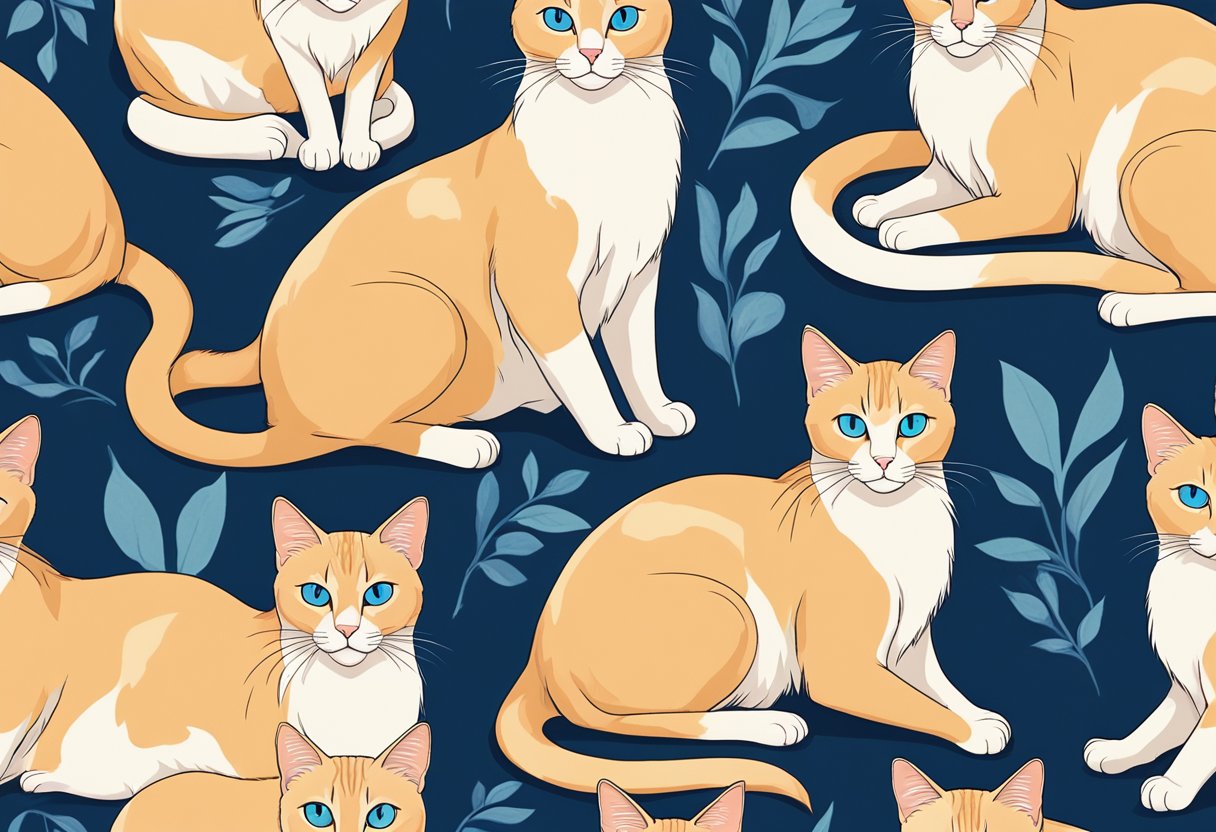 A Flame Point Siamese cat sits regally on a velvet cushion, its piercing blue eyes gazing off into the distance. The sunlight catches the orange and cream hues of its fur, creating a striking contrast against the deep blue background