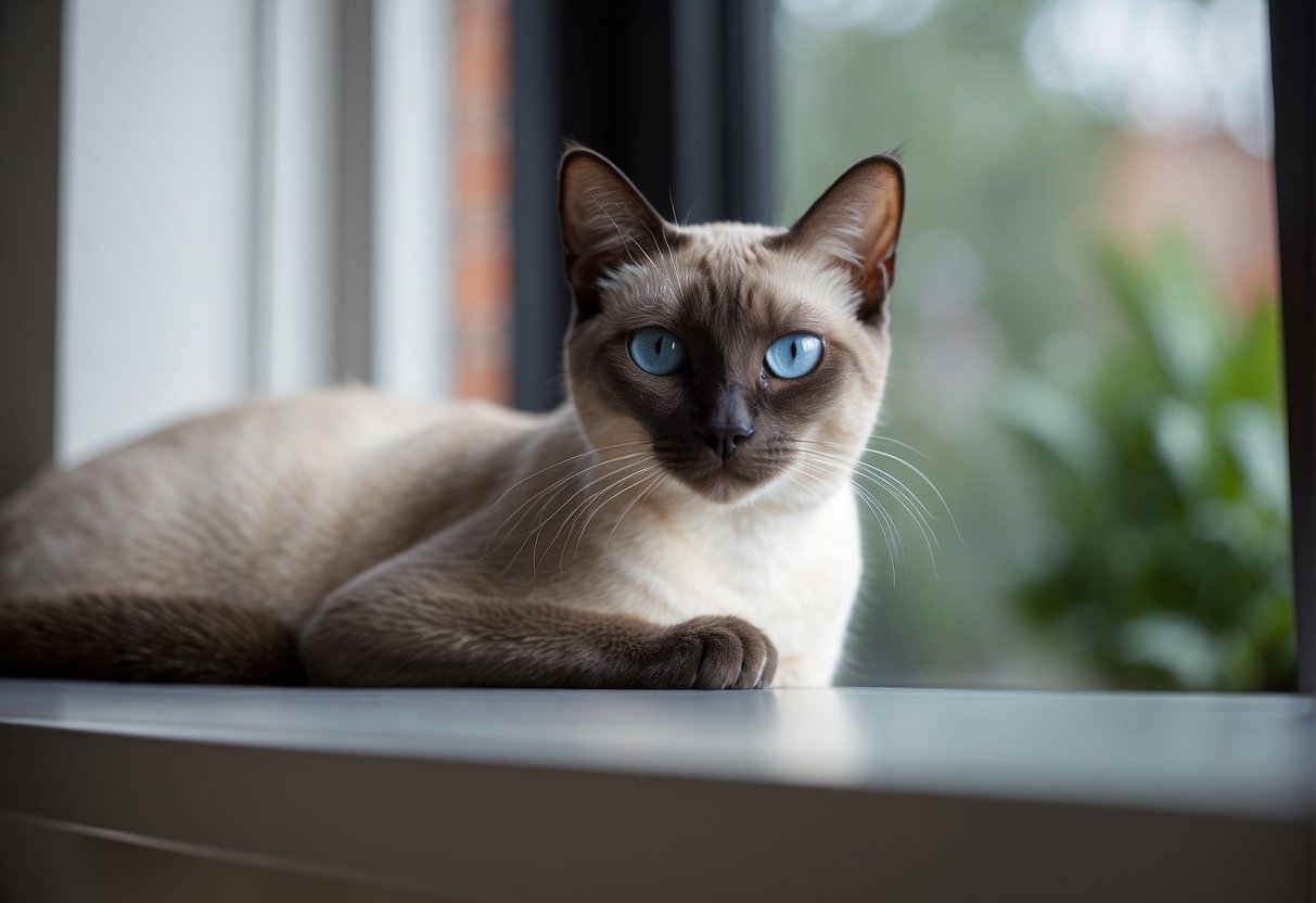 A sleek, slender Siamese cat with striking blue eyes and a soft, grey coat lounges gracefully on a windowsill, its tail curled elegantly around its paws