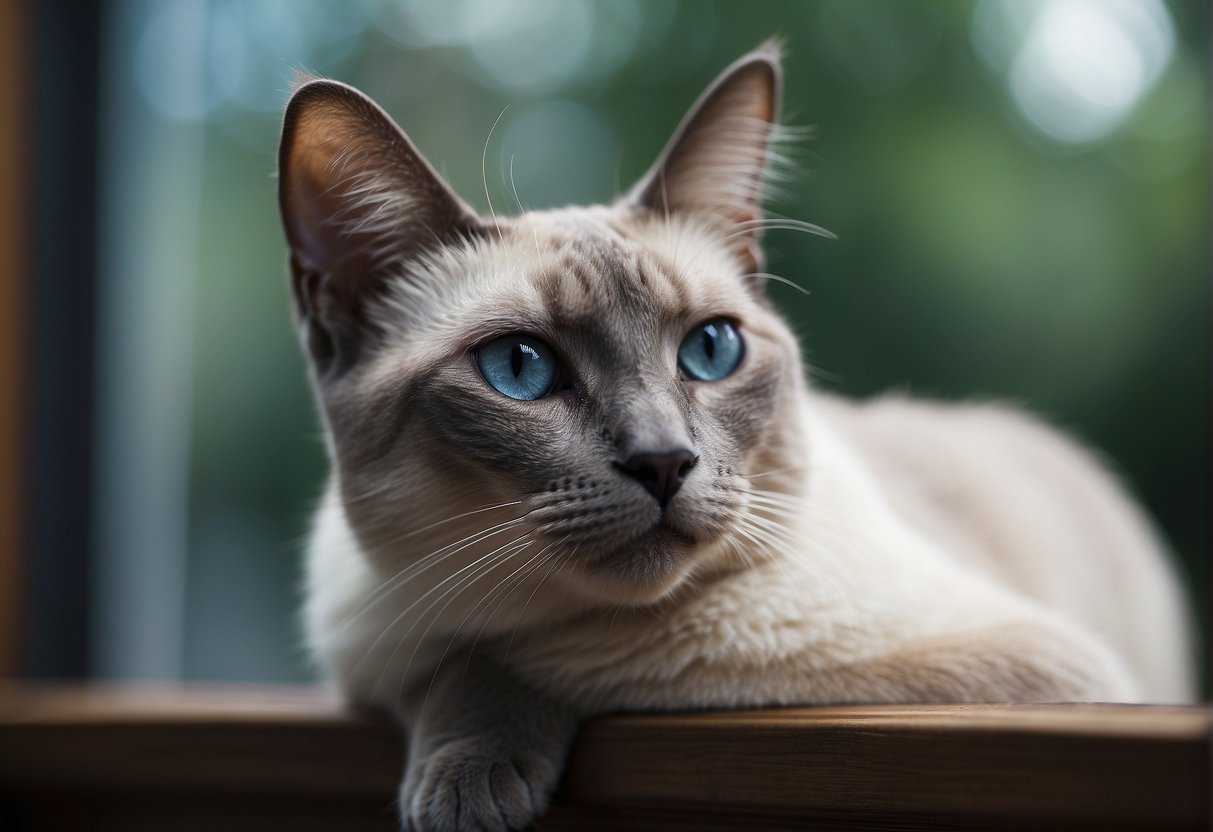 A grey Siamese cat lounges on a windowsill, gazing out at the world with a regal and composed demeanor