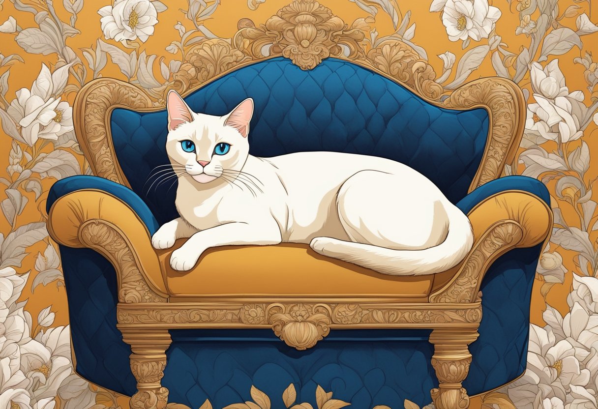 A regal Flame Point Siamese cat lounges on a velvet cushion, surrounded by ornate decor and elegant furnishings, exuding an air of aristocratic grace and sophistication