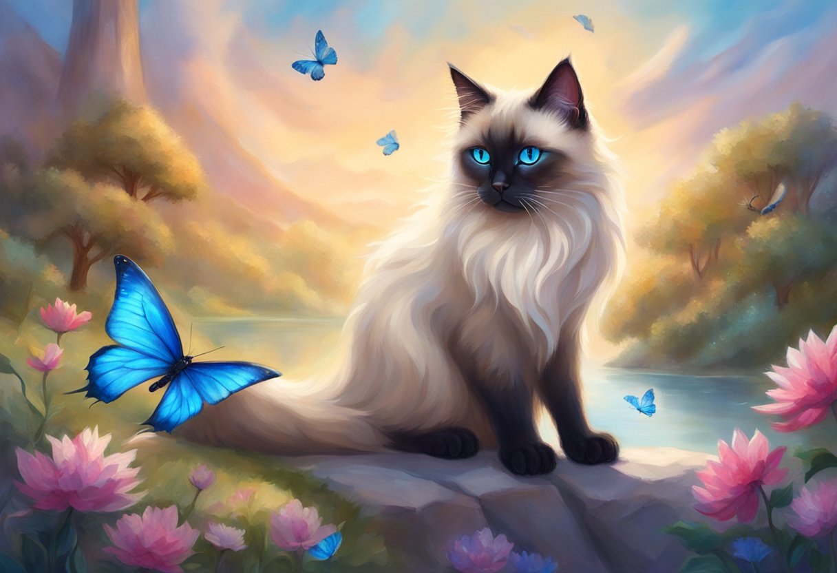 A fluffy Siamese cat with blue eyes sits regally, tail wrapped around its paws, gazing intently at a butterfly fluttering nearby