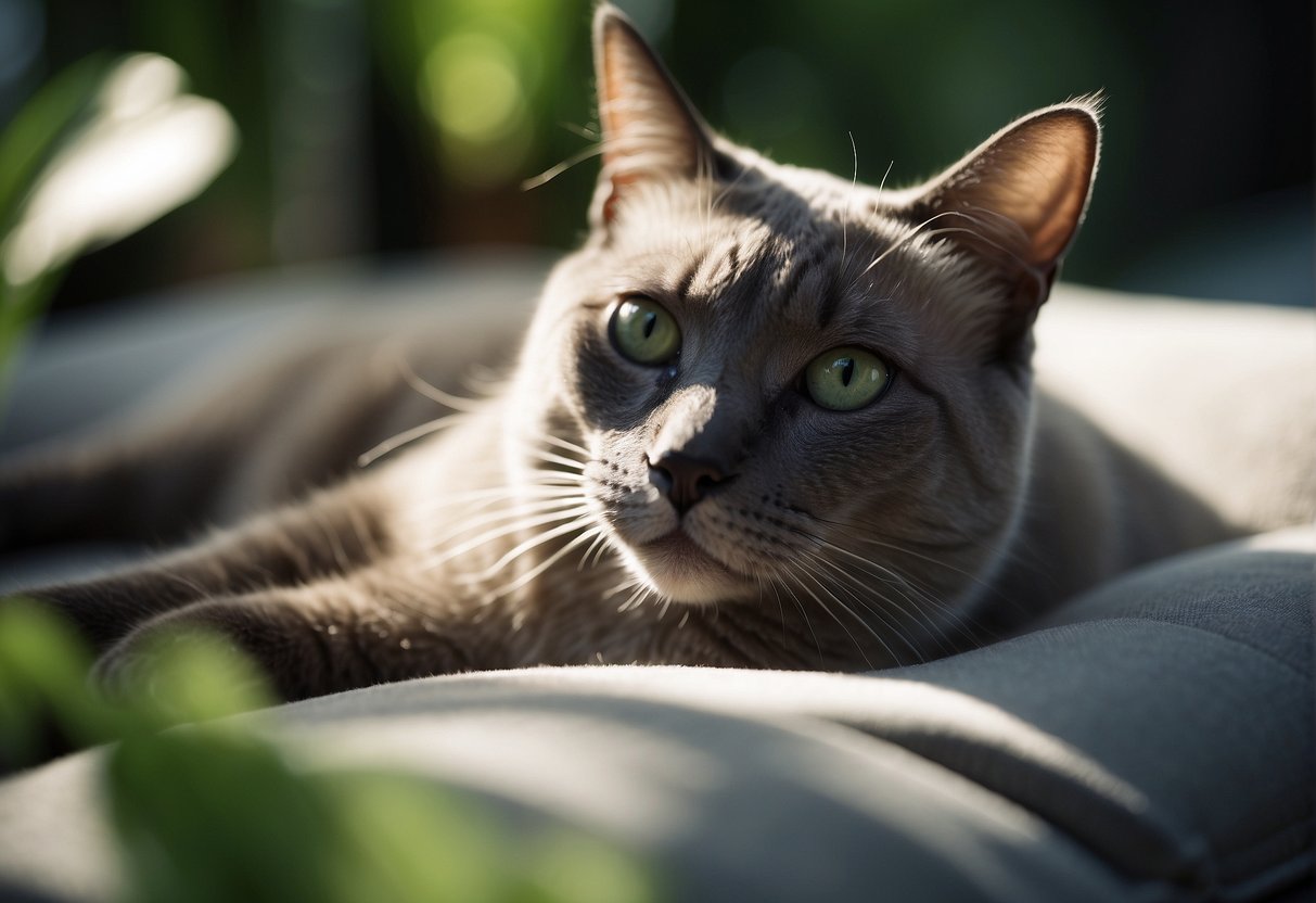 A sleek grey Siamese cat lounges on a plush cushion, surrounded by green plants and bathed in natural sunlight, exuding an air of calm and contentment