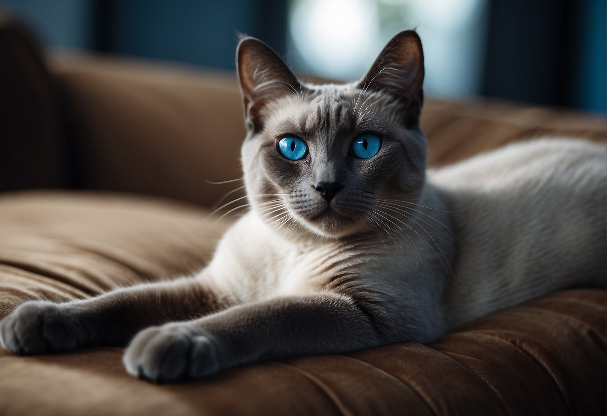 A sleek, grey Siamese cat lounges on a velvet cushion, its piercing blue eyes gazing off into the distance. The cat's elegant posture and distinctive markings capture the essence of the breed