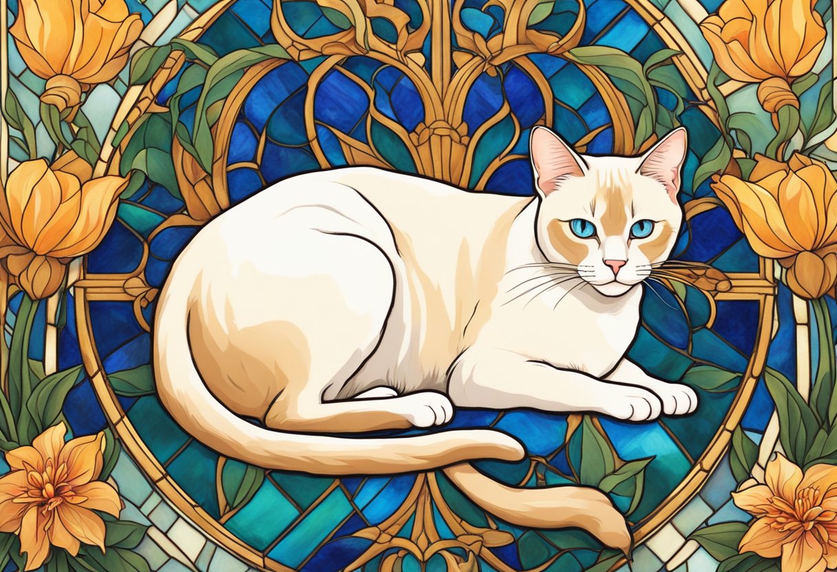 A Flame Point Siamese cat lounges on a silk pillow, surrounded by exotic flowers and ornate decor. The sunlight streams through a stained-glass window, casting a warm glow on the elegant feline