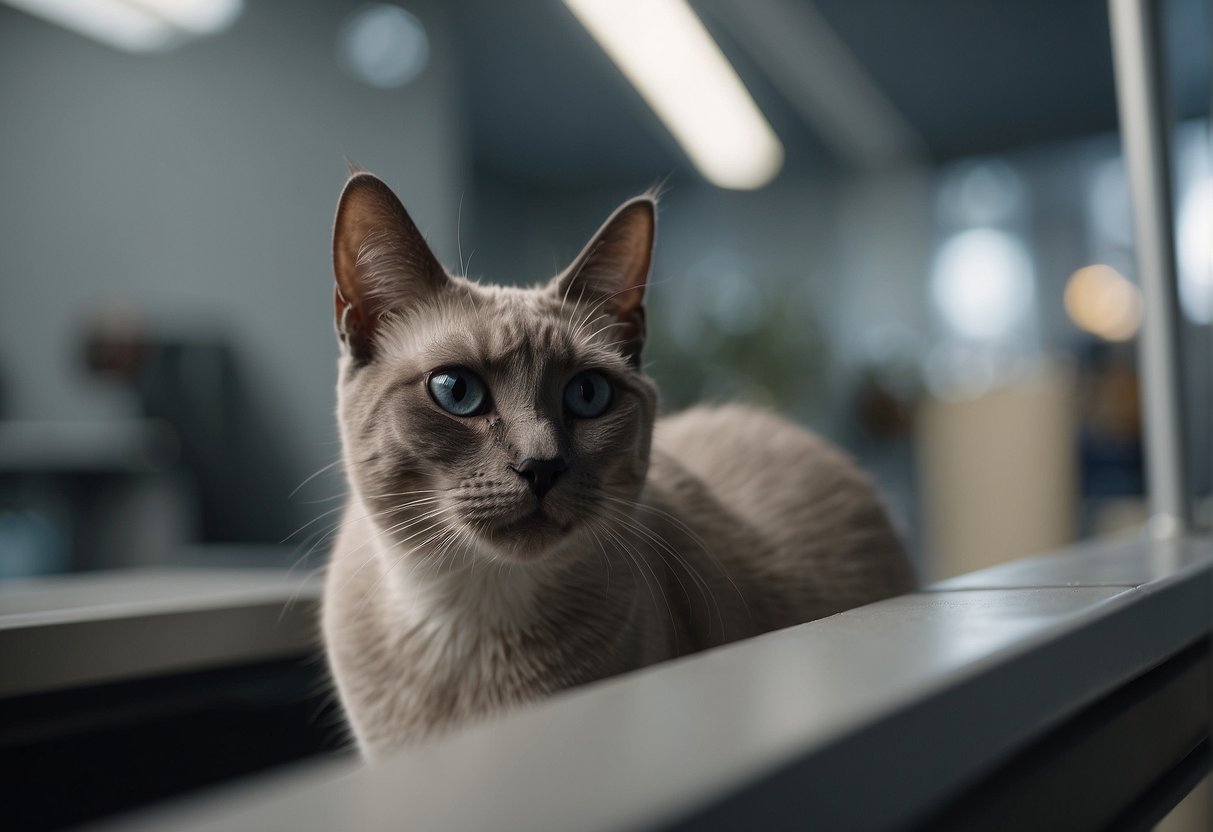 A grey Siamese cat is being adopted from a shelter. The new owner is paying the adoption fee at the front desk