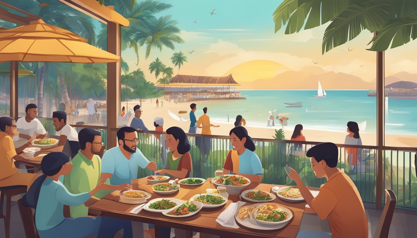 Customers enjoying diverse halal dishes in a vibrant Sentosa restaurant, with a view of the beach and palm trees in the background