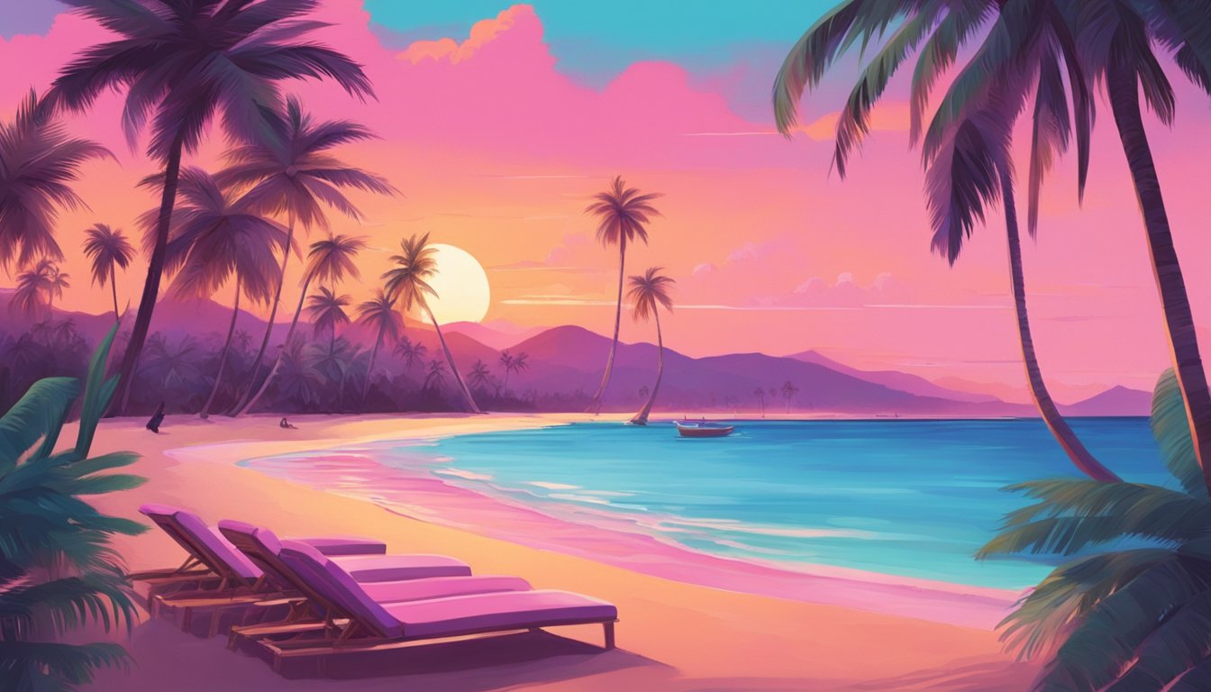 A group of friends lounging on a pristine beach, with turquoise waters and palm trees in the background. A vibrant sunset paints the sky in shades of pink and orange, creating a picturesque scene for a perfect vacation with friends in Oceania