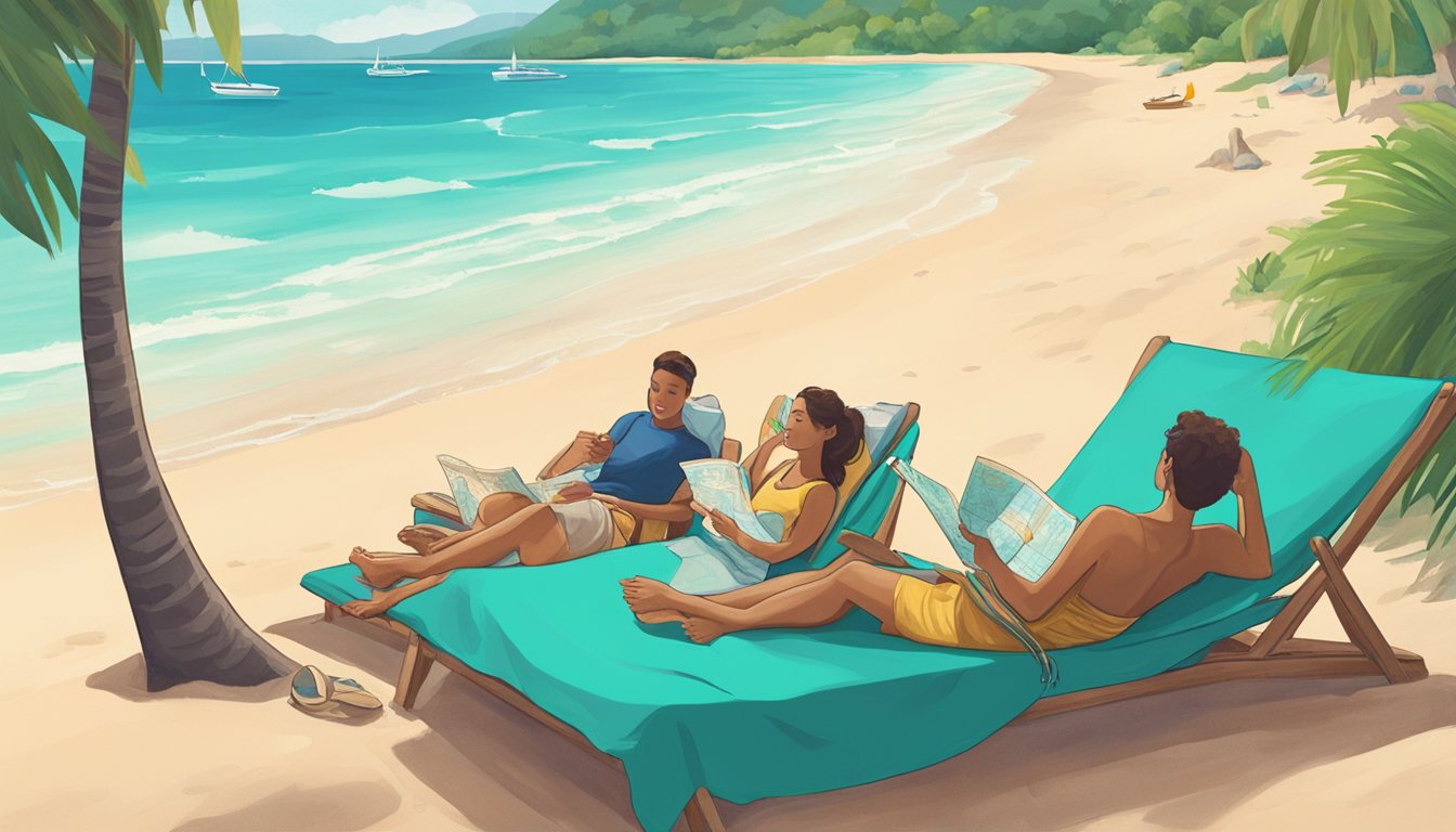 A group of friends lounging on a pristine beach, with turquoise waters and lush greenery in the background. A map of Oceania and a guidebook are scattered on a beach towel
