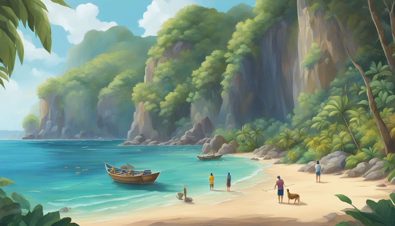 A group of friends explores a hidden beach cove, surrounded by towering cliffs and crystal-clear waters. Nearby, a local fisherman casts his net, and colorful birds flit among the lush tropical foliage