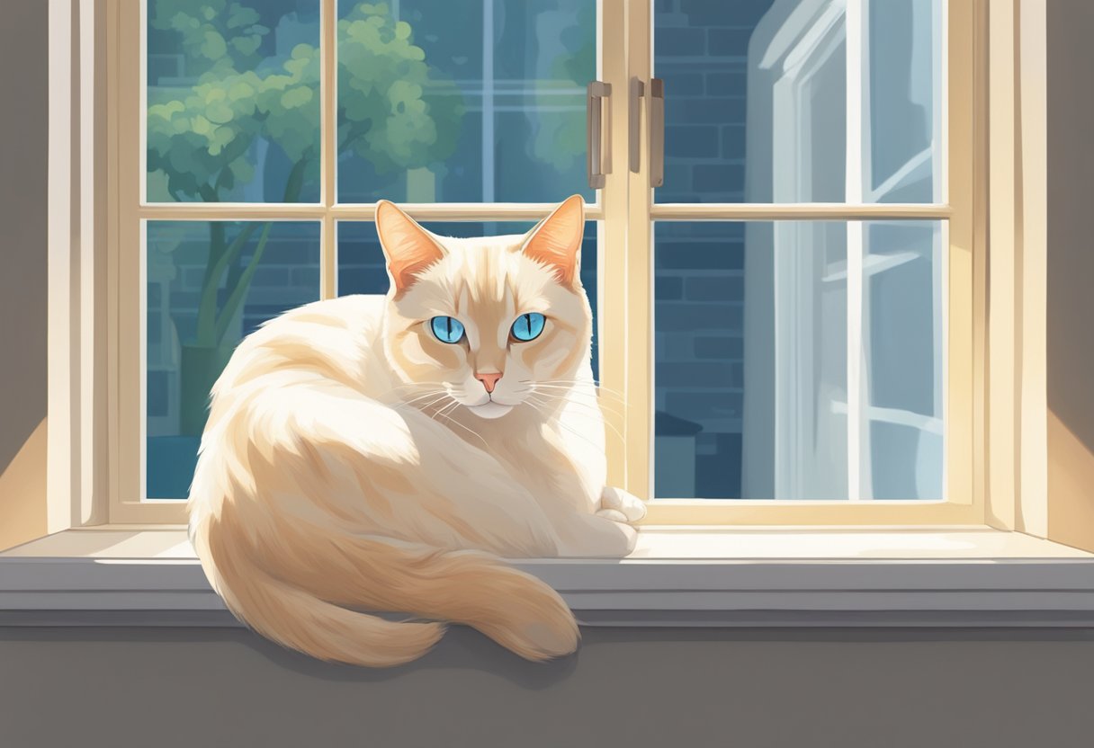 A Flame Point Siamese cat lounges on a sunny windowsill, basking in the warmth. Its sleek fur glows in the light, and its bright blue eyes gaze out contentedly. A bowl of fresh water and a plush bed are