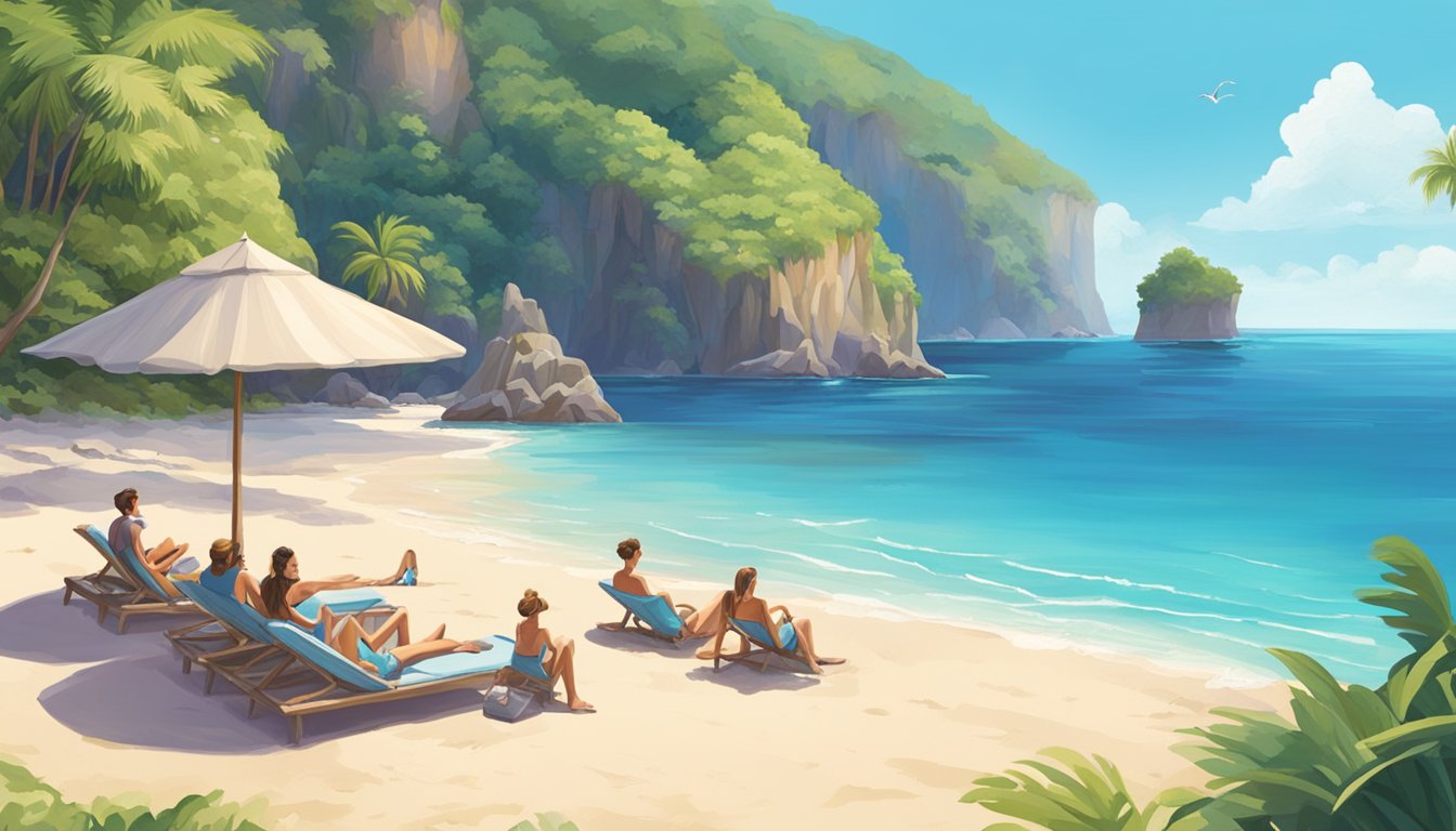 A group of friends lounging on a pristine beach in Oceania, surrounded by crystal-clear waters and lush greenery, with a backdrop of stunning cliffs and a clear blue sky
