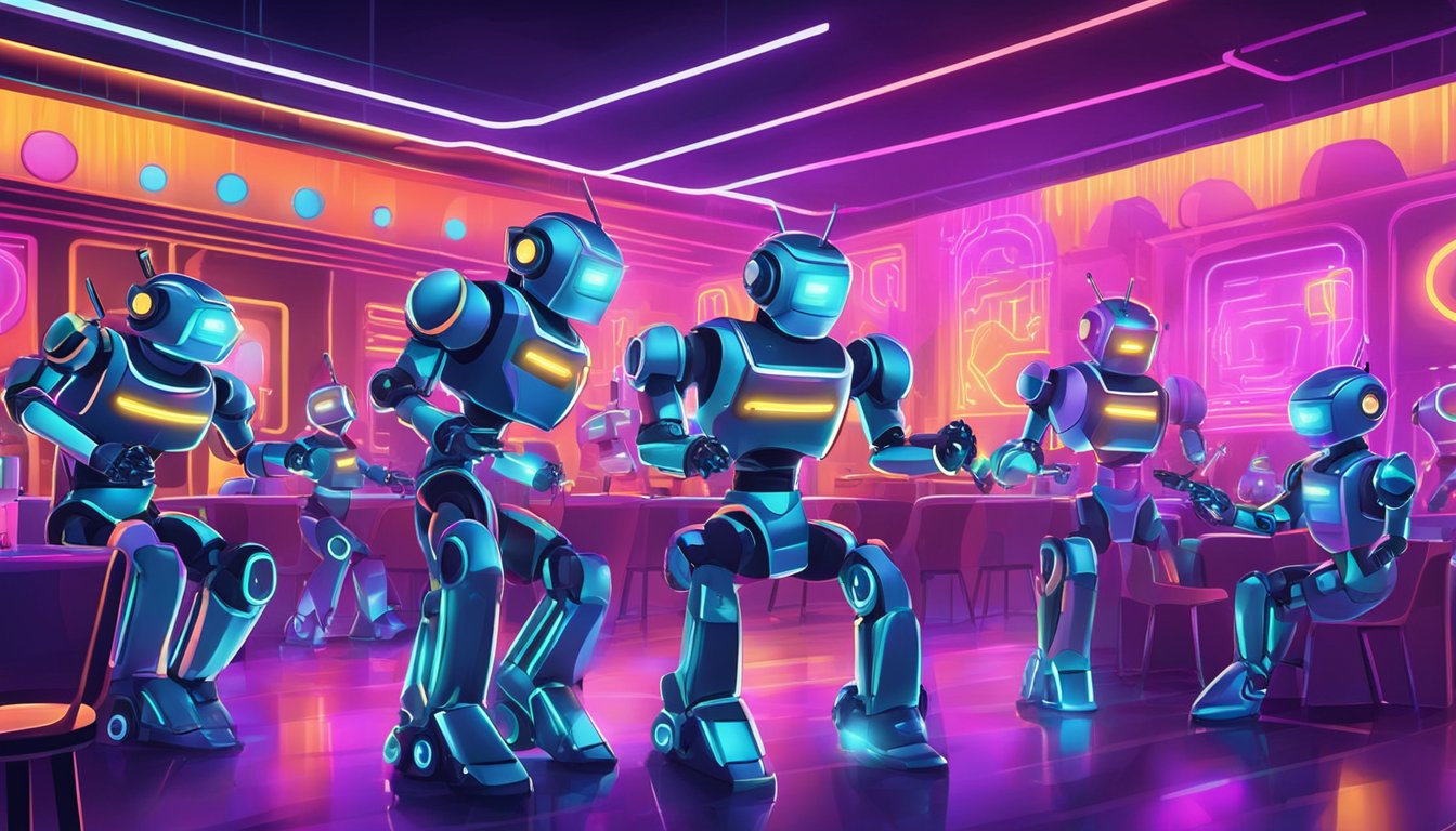 Colorful robots dance on stage at a futuristic restaurant. Neon lights flash as the robots perform for the cheering crowd