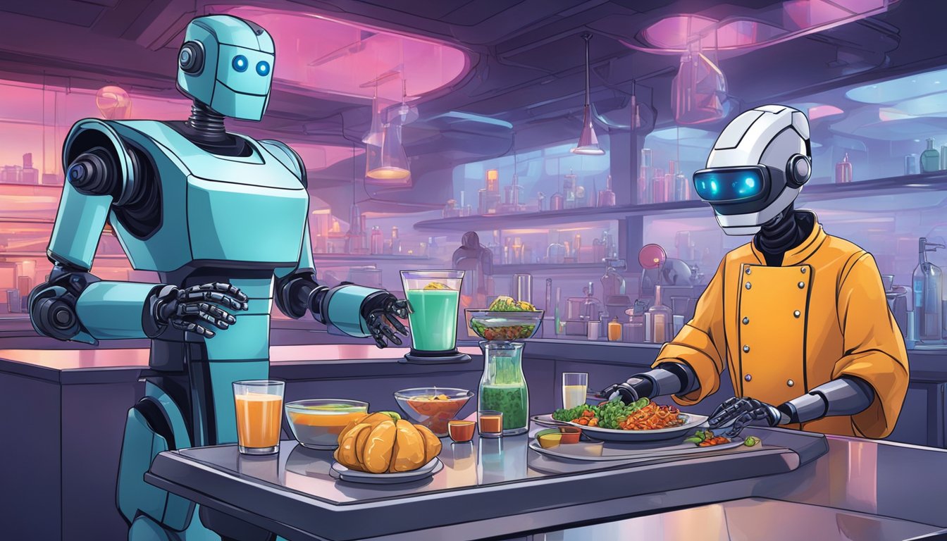 A robot chef prepares a feast while a robotic bartender mixes drinks in a futuristic restaurant