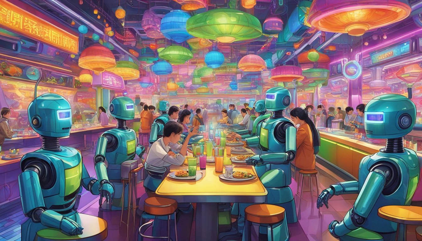 The robot restaurant is bustling with customers. Robots serve food and drinks while answering questions from patrons. Bright colors and futuristic decor create a lively atmosphere
