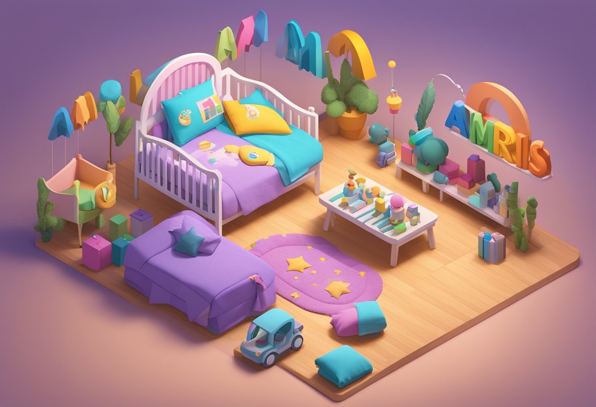 A small crib with the name "Amris" written in colorful letters, surrounded by toys and a soft blanket