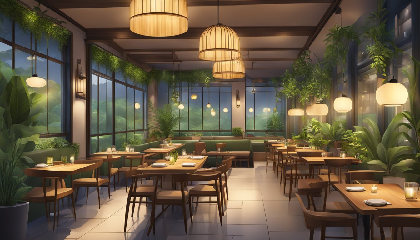 The Sangsaka restaurant is a modern, stylish space with warm lighting, wooden furniture, and lush green plants, creating a cozy and inviting atmosphere