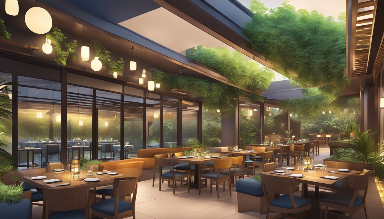 The vibrant Sangsaka Restaurant features a modern, open-air design with lush greenery, sleek furniture, and ambient lighting, creating an inviting and sophisticated atmosphere