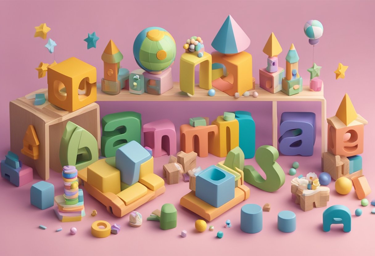 Amanda's name written in colorful block letters surrounded by toys and baby items