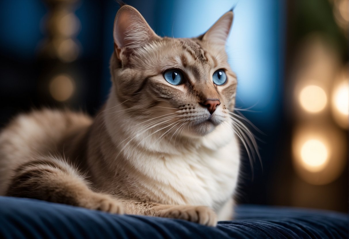 A Lynx Point Siamese cat sits on a velvet cushion, surrounded by luxurious decor. The cat's piercing blue eyes and elegant posture exude an air of sophistication and grace