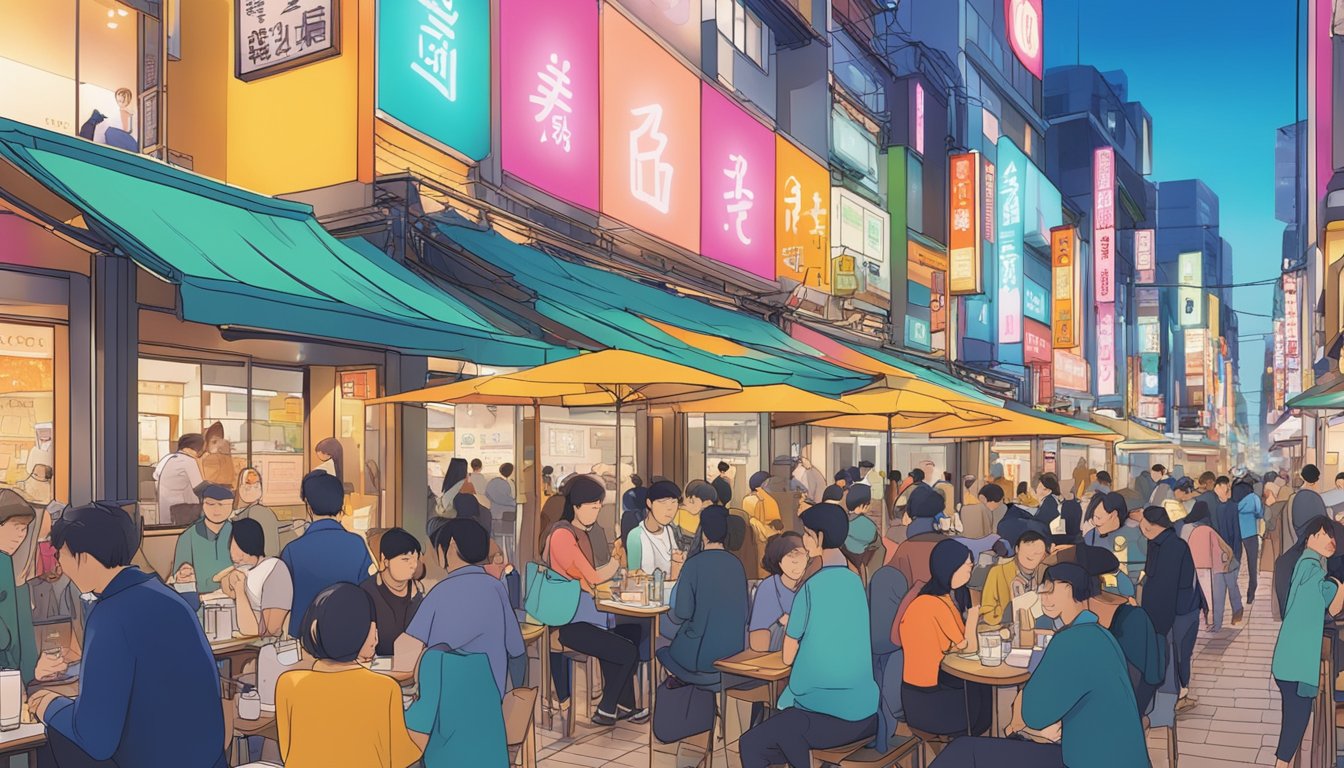 People bustling in and out of vibrant restaurants, with colorful signage and bustling energy in Shibuya's diverse dining scene
